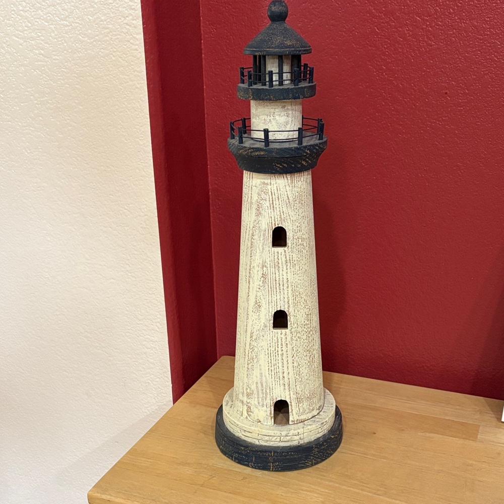 Vintage Coastal White and Navy Lighthouse Accent
